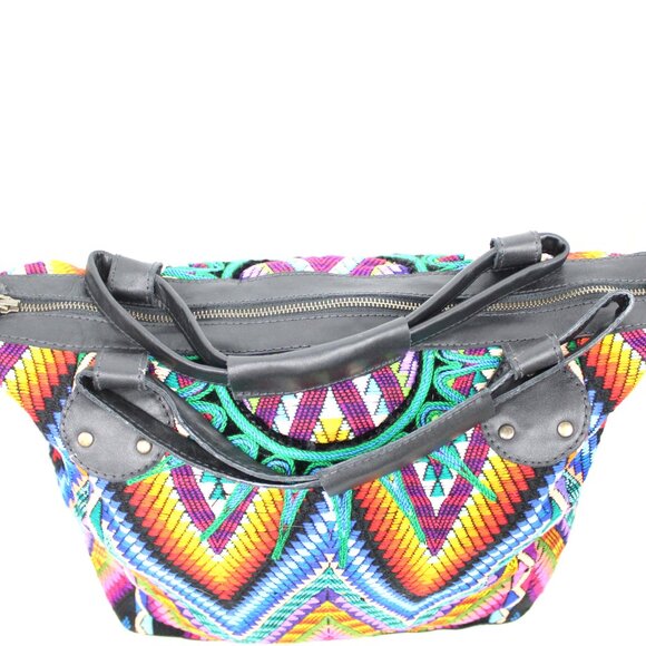 MARIA'S ARTISAN SHOP MULTICOLOR HUIPIL TEXTILE CROSSBODY TOTE BLACK LEATHER NWT - Picture 2 of 11
